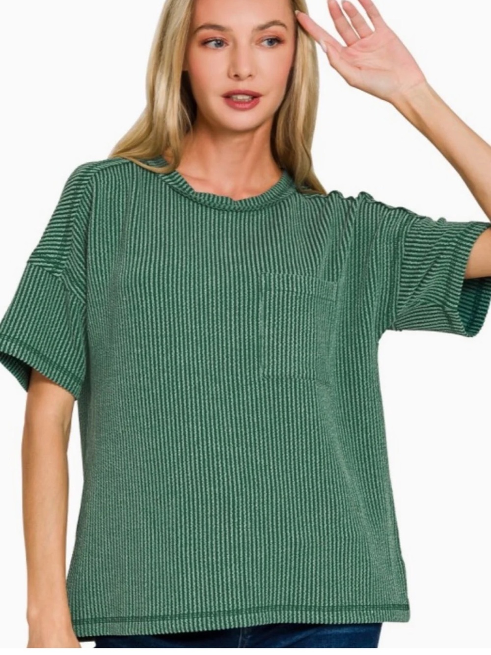 NWOT Women’s Zenana Hunter Green Raised Rib Expose Seam Top, size Medium